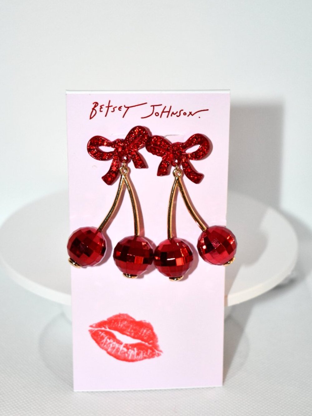 Betsey Johnson Red Bows & Cherries Drop Earrings #559919GLD600 NWT Details: Red/ - Picture 2 of 4